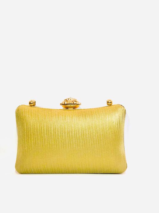 Golden Pleated Handbag with Embellished Handle